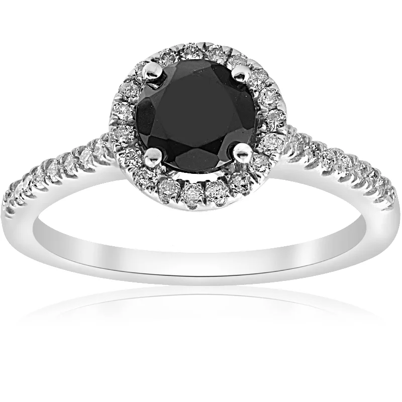 women diamond solitaire engagement rings -1 1/3 ct Black & White Halo Diamond Engagement Ring 14k White Gold