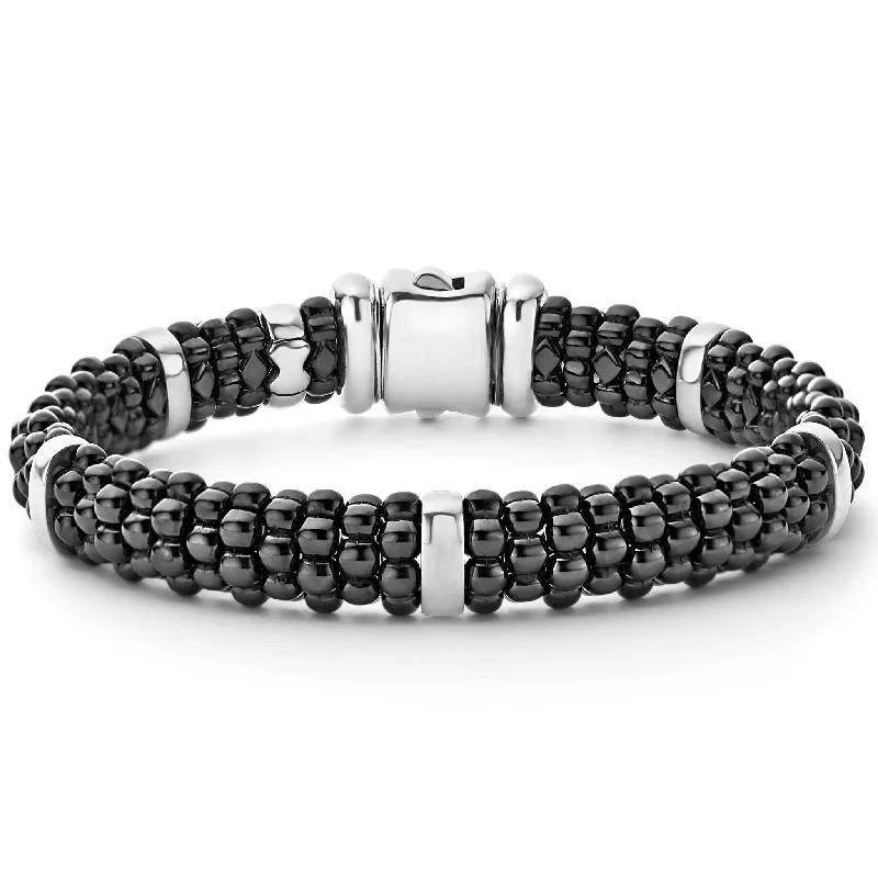 women cuff bracelets -Black Caviar Silver Station Ceramic Caviar Bracelet | 9mm