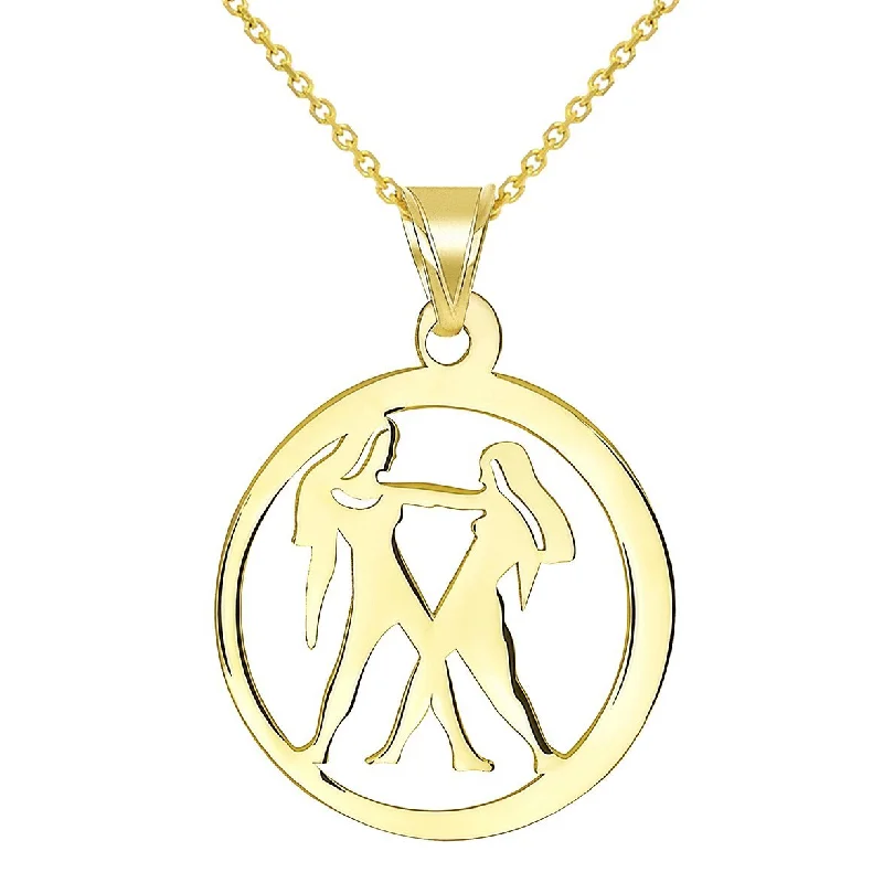 women gold plated necklaces -14k Yellow Gold Dainty Round Gemini Twins Zodiac Sign Cut-Out Disc Pendant Necklace