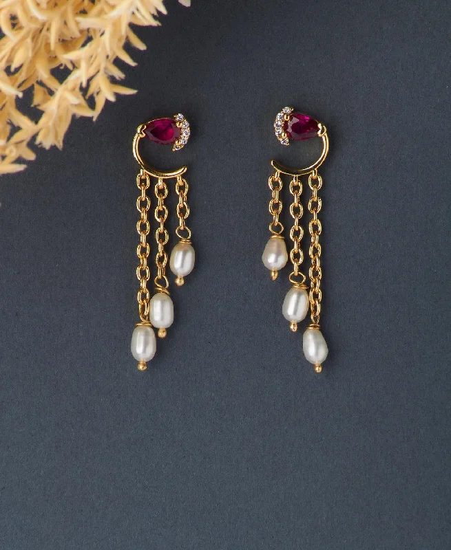 women large stud earrings -Trendy Stone Studded Pearl Hanging Earring