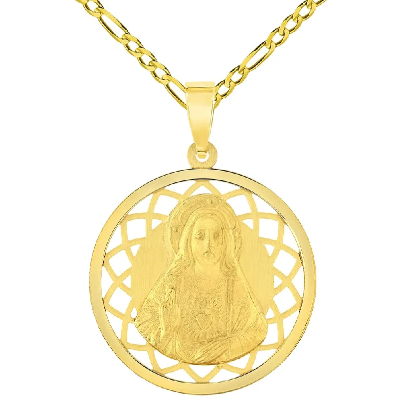 women geometric necklaces -14k Yellow Gold Heart of Jesus Christ On Round Open Ornate Miraculous Medal Pendant Figaro Chain Necklace