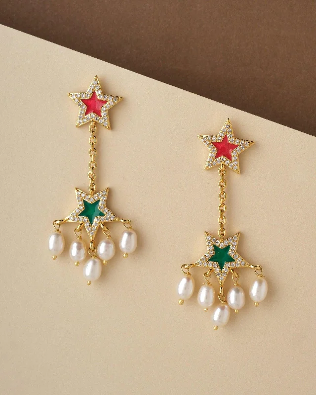 women chic hoop earrings -Star Dual Hang Pearl Earring