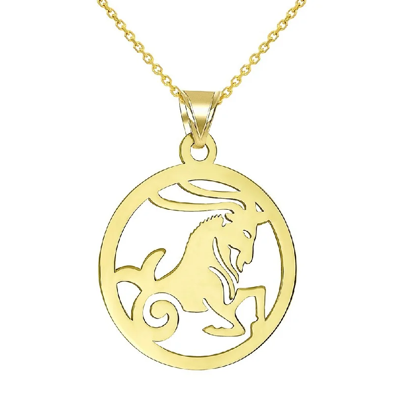 women silver chain necklaces -14k Yellow Gold Dainty Round Capricorn Zodiac Sign Goat Cut-Out Disc Pendant Necklace