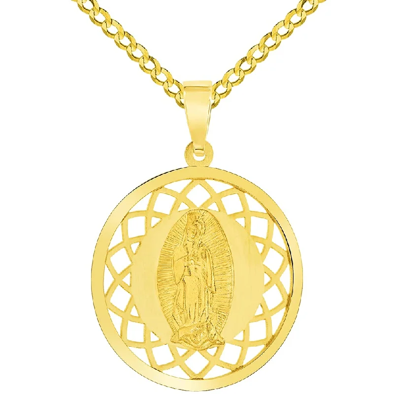 women lock necklaces -14k Yellow Gold Round Open Ornate Miraculous Medal of Our Lady of Guadalupe Pendant with Cuban Chain Curb Necklace