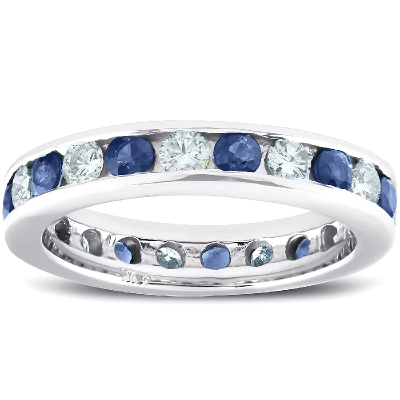 women sapphire diamond engagement rings -2ct Blue Sapphire & Diamond Channel Set Eternity Ring 14K White Gold