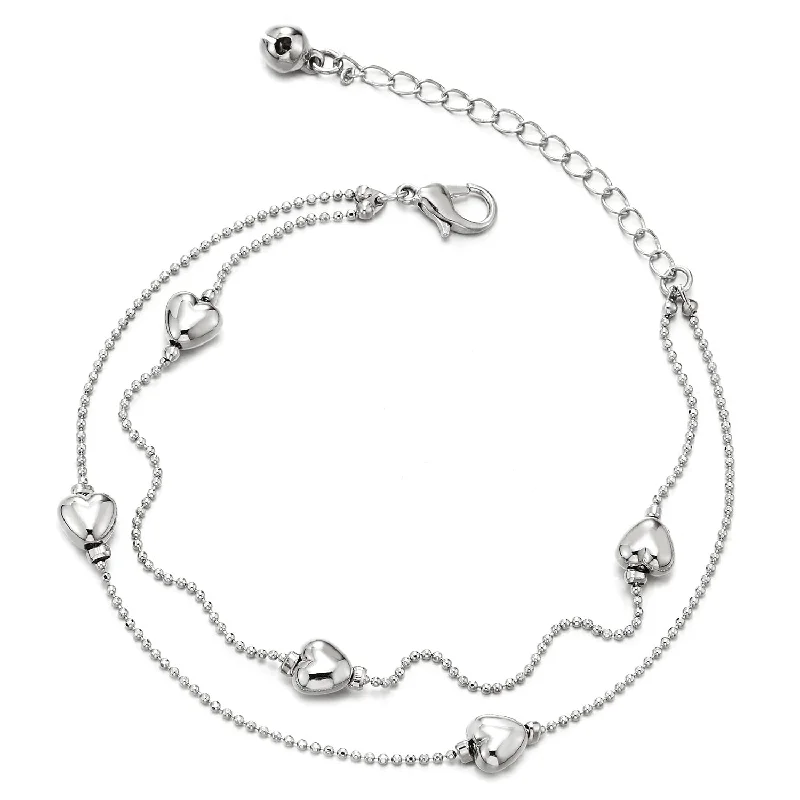 women gemstone charm bracelets -Two-Row Bead Chain Anklet Bracelet with Charms of Puff Hearts and Jingle Bell, Adjustable