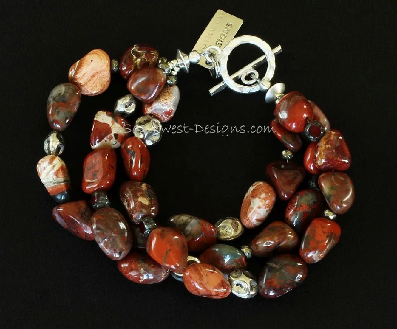 women leather bracelets -Red Agate Nugget 3-Strand Bracelet with Czechoslovakian Glass, Pyrite Nuggets, Sterling Silver Nuggets, and Sterling Toggle Clasp