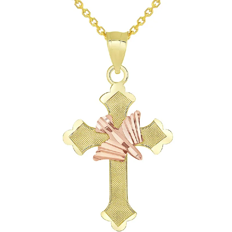 women rope necklaces -14k Yellow Gold and Rose Gold Textured Holy Spirit Dove Cross Pendant Necklace