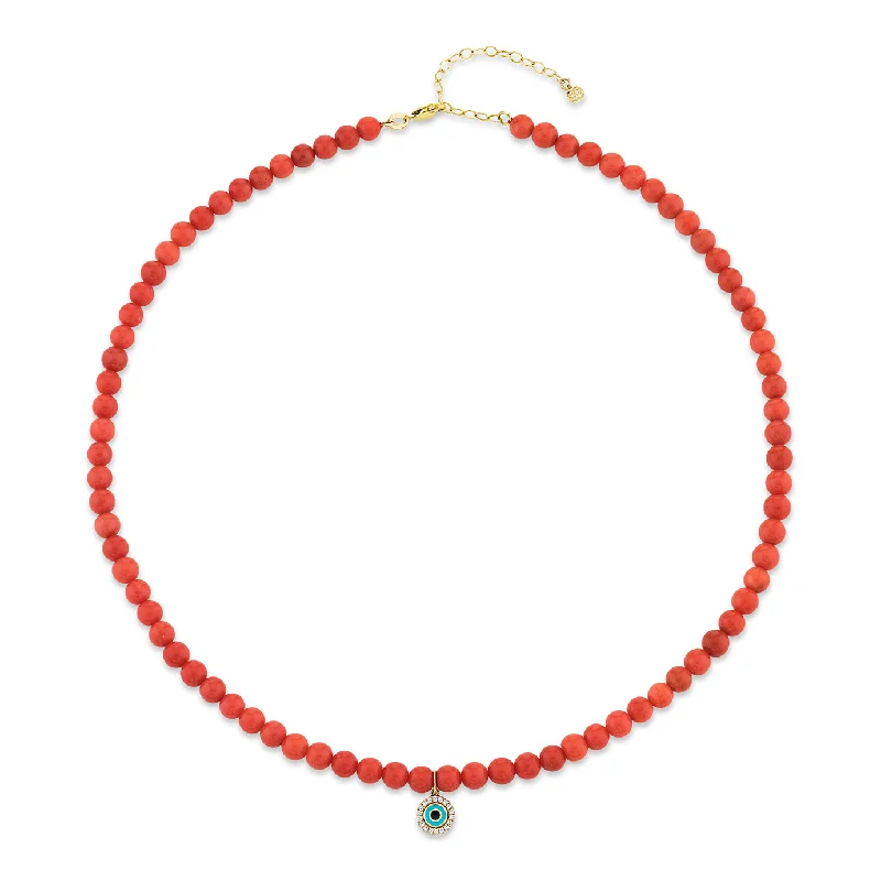 women chain necklaces -Gold & Diamond Enamel Eye Peach Coral Necklace