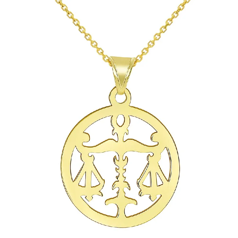 women art deco necklaces -14k Yellow Gold Dainty Round Libra Zodiac Sign Scale Disc Pendant Necklace