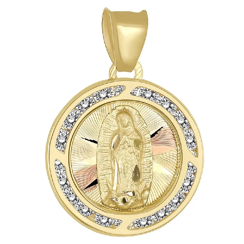 women gold plated necklaces -14k Yellow Gold Round Religious Our Lady of Guadalupe Mary Medal Pendant with Cubic Zirconia Gemstones