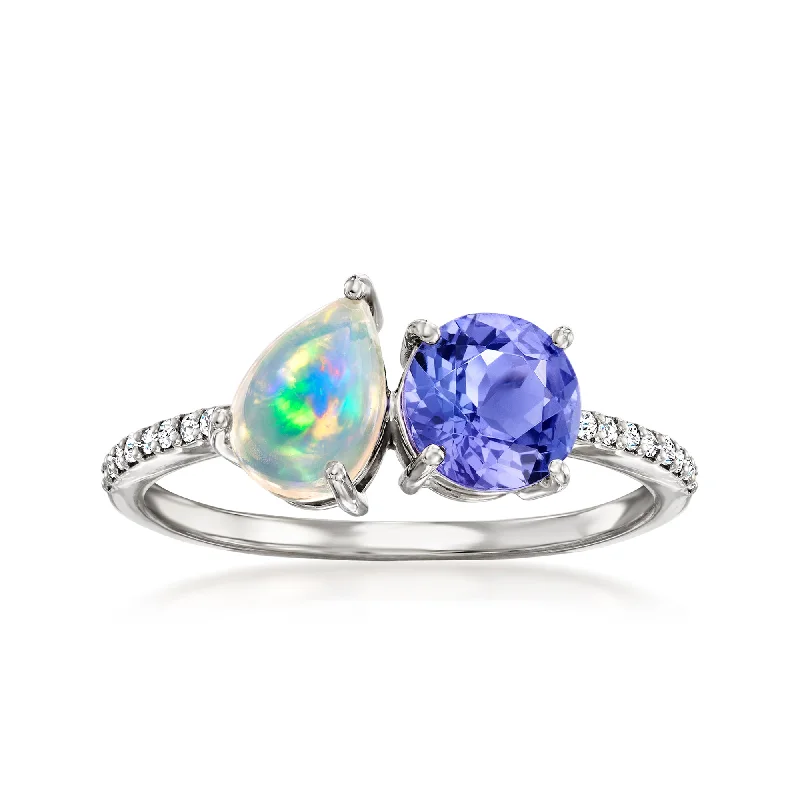 women gold engagement rings -Ross-Simons Opal and . Tanzanite Toi Et Moi Ring With Diamond Accents in 14kt White Gold