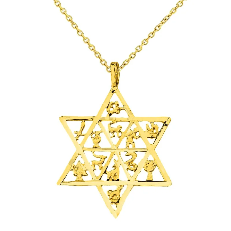 women fancy necklaces -14k Yellow Gold Textured Star of David Charm with 12 Tribes of Israel Pendant Necklace