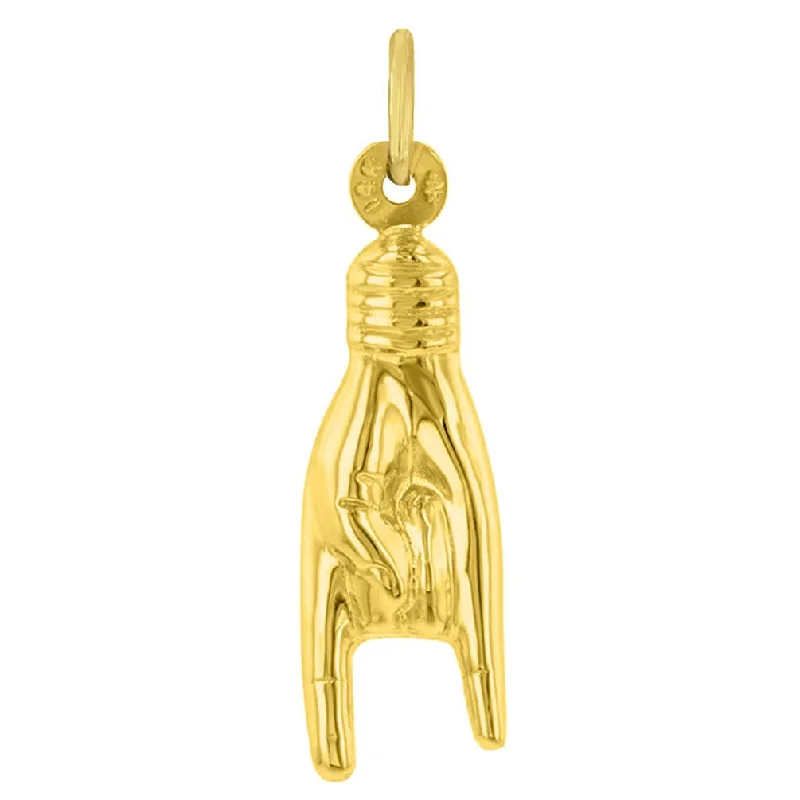 women custom charm necklaces -14K Yellow Gold Mini Hand Charm Mano Cornuto Good Luck Sign Pendant