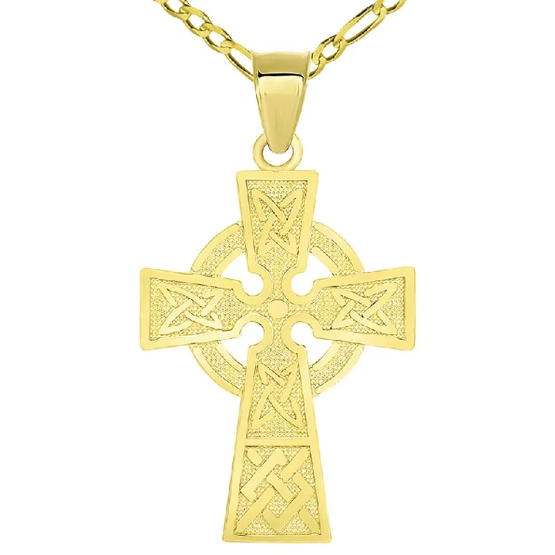 women long pendant necklaces -Solid 14k Yellow Gold Trinity Knot Celtic Cross Pendant with Figaro Chain Necklace