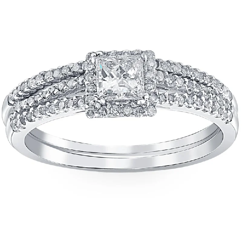 women halo engagement ring sets -3/4ct Princess Cut Split Shank Engagement Ring Set 14K White Gold