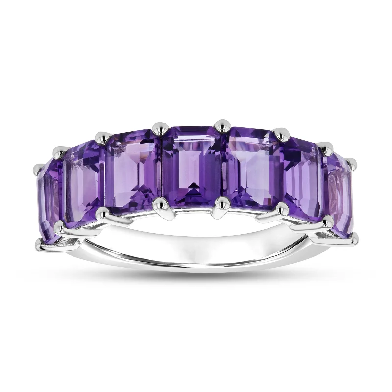 women custom engraved engagement rings -3.56ctw Emerald Cut Amethyst Wedding Band in 14k White Gold