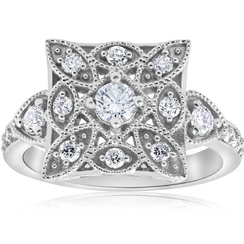 women halo engagement ring sets -1/2ct Vintage Diamond Ring Square Framed Filigree Band 10K White Gold