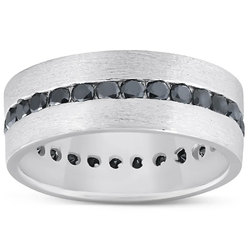 women unique cut engagement rings -1 1/10ct Black Diamond 8mm Mens Eternity Ring 14K White Gold