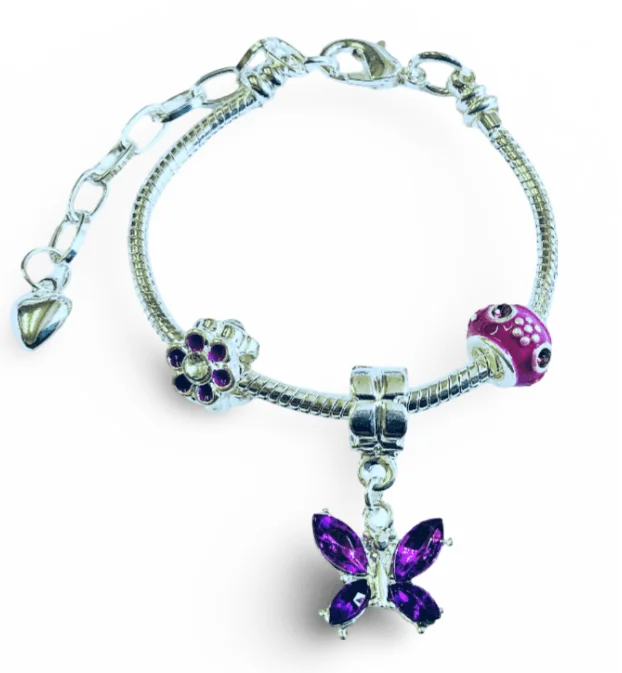 women bangles -Children's Adjustable Purple 'Butterfly Wishes' Silver Plated Charm Bead Bracelet