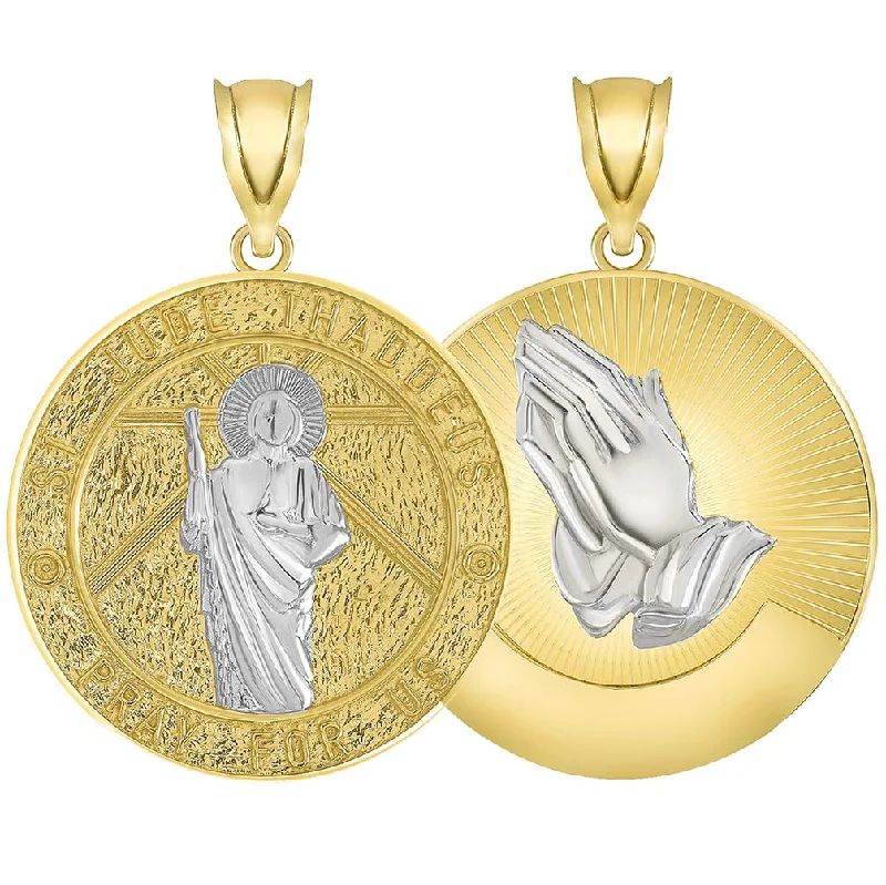 women long necklaces -14k Yellow Gold Saint Jude Thaddeus Pray For Us Medallion with Praying Hands Pendant