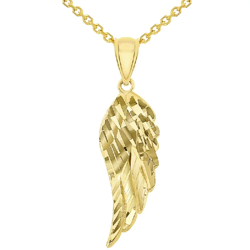 women eco-friendly necklaces -Solid 14k Yellow Gold Textured D/C Angel Wing Charm Pendant Necklace Available with Rolo, Curb, or Figaro Chain