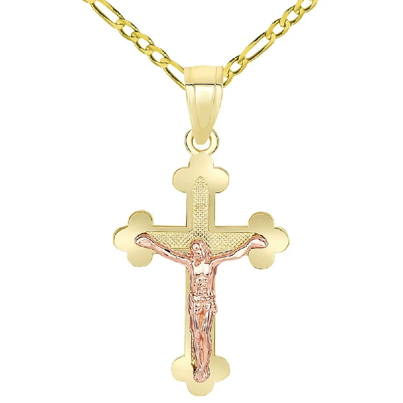 women link necklaces -14k Yellow Gold and Rose Gold Eastern Orthodox Cross Crucifix Charm Pendant Figaro Chain Necklace