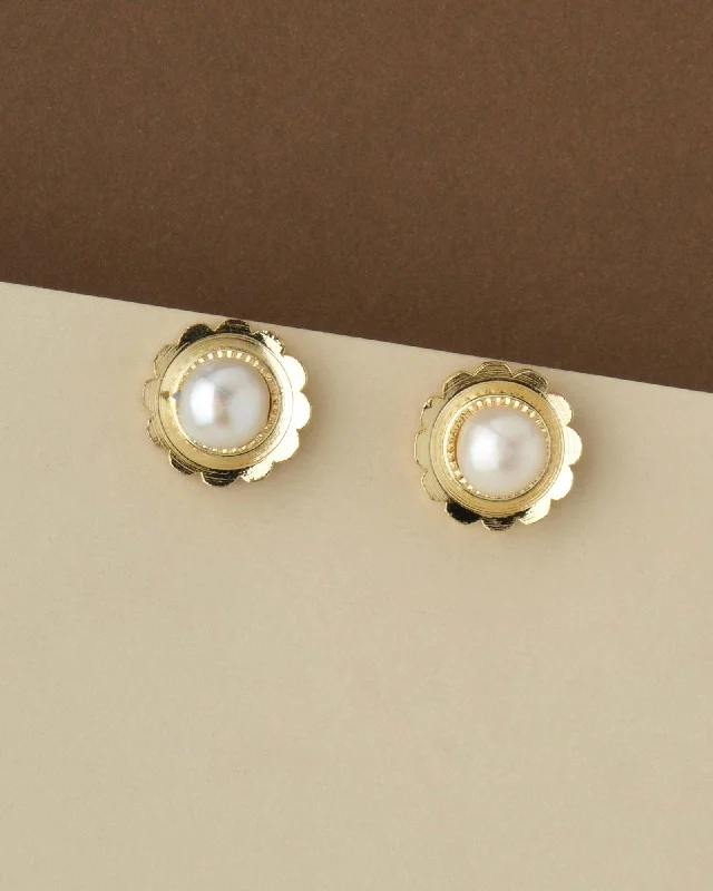 women oval earrings -Pretty Floral Pearl Stud Earring