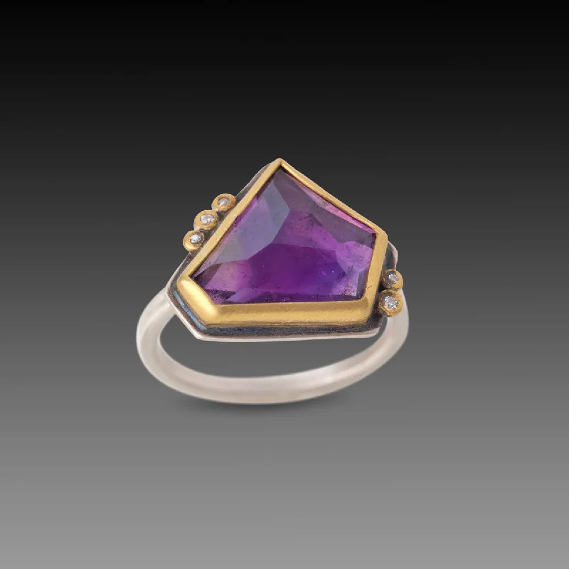 women halo diamond rings -Geometric Amethyst Ring with Five Diamonds