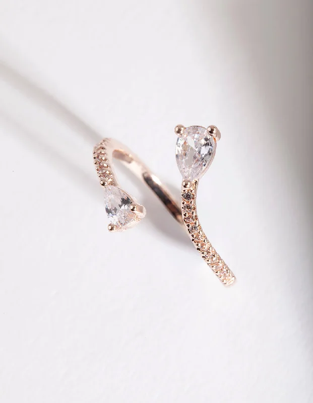 women floral engagement rings -Rose Gold Open Teardrop Diamante Ring