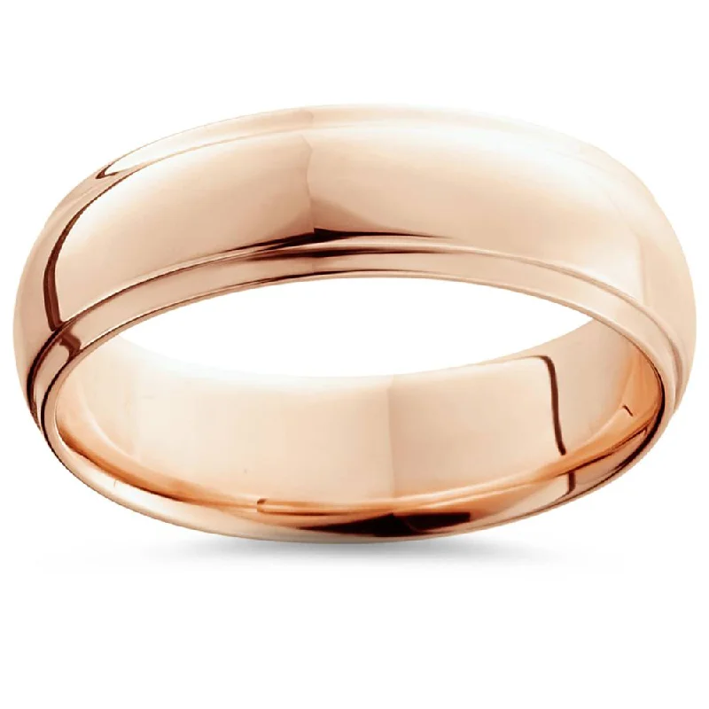 women rose gold engagement rings -6mm High Polished 14K Rose Gold Step Cut Mens Dome Wedding Band