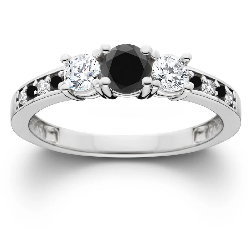 women affordable engagement rings -1 1/4CT Black & White Diamond Engagement 3-Stone Ring 10K White Gold