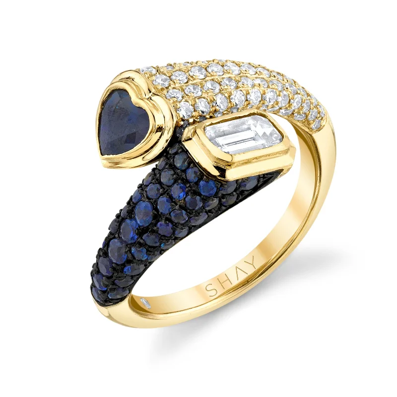 women two-tone rings -DIAMOND & BLUE SAPPHIRE MIXED BYPASS PINKY RING