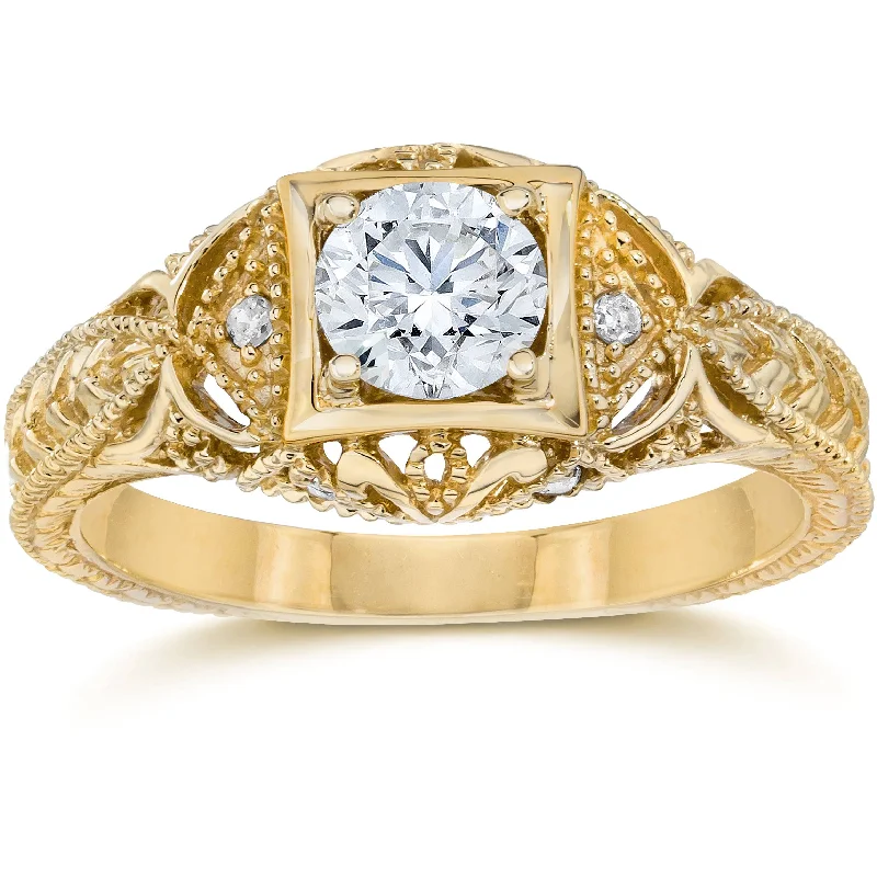 women floral engagement rings -Emery 5/8Ct Vintage Genuine Diamond Engagement 14K Yellow Gold