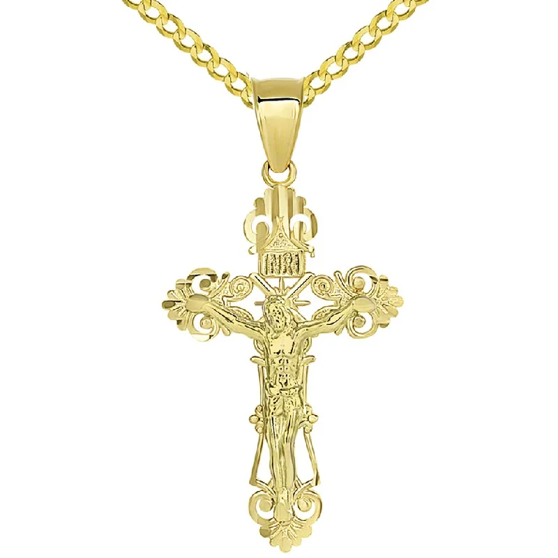 women charm necklaces -Solid 14K Yellow Gold Roman Catholic Cross Charm with Jesus INRI Crucifix Pendant with Cuban Necklace