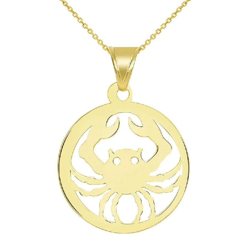 women twisted chain necklaces -Solid 14k Yellow Gold Dainty Round Cancer Zodiac Sign Crab Disc Pendant Necklace