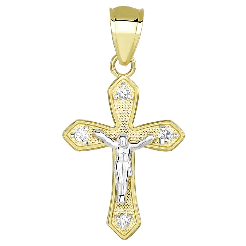 women chunky necklaces -14k Two Tone Gold CZ Small Crucifix Religious Cross Charm Pendant