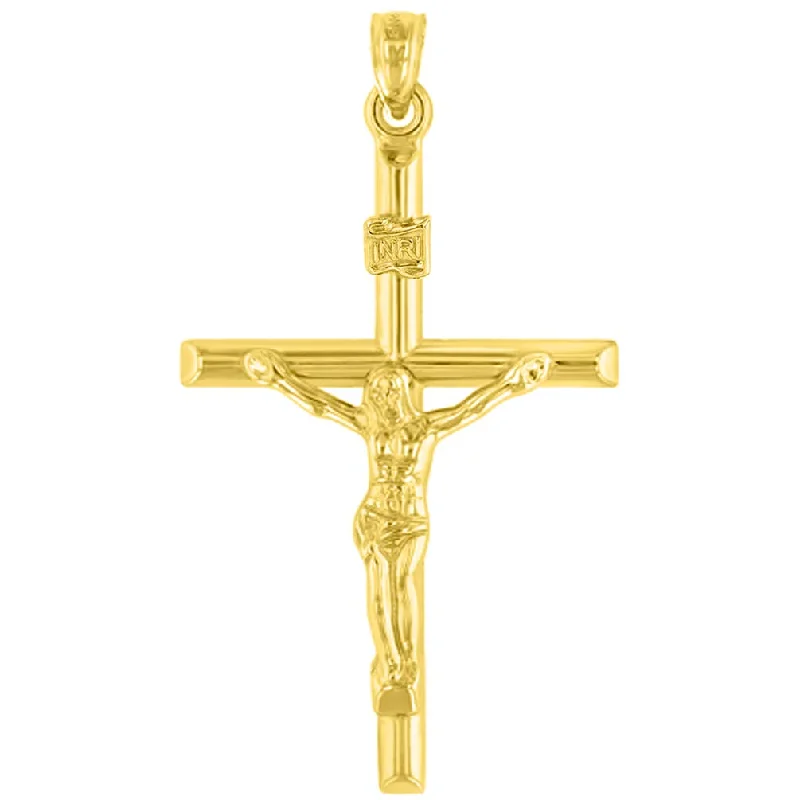 women casual necklaces -14K Yellow Gold INRI Crucifix Tubular Simple Polished Cross Pendant