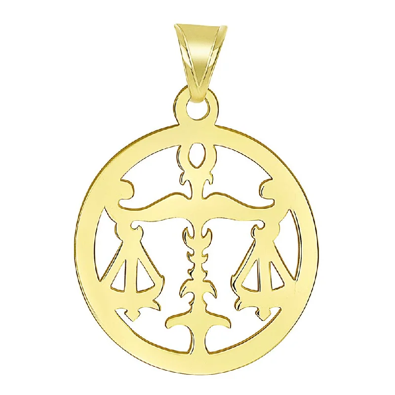 women bridal necklaces -14k Yellow Gold Dainty Round Libra Zodiac Sign Scale Disc Pendant