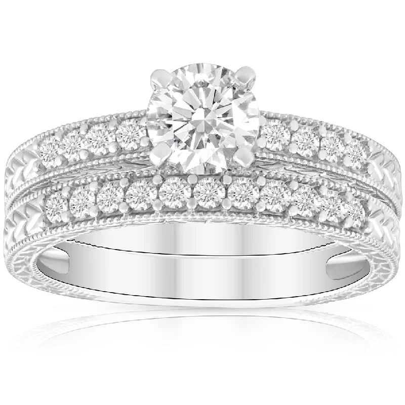 women double halo engagement rings -1 1/2ct Diamond Engagement Ring & Matching Vintage Wedding Band Set White Gold