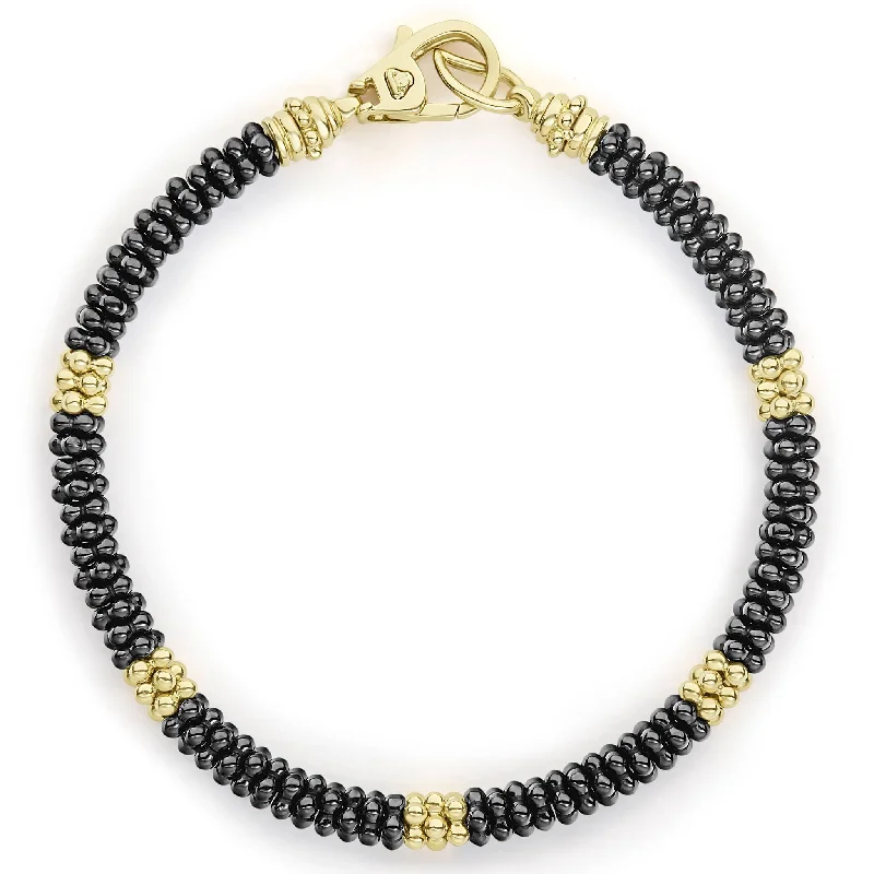 women chain bangles -Black Caviar Five Small 18K Gold Station Ceramic Beaded Bracelet | 5mm