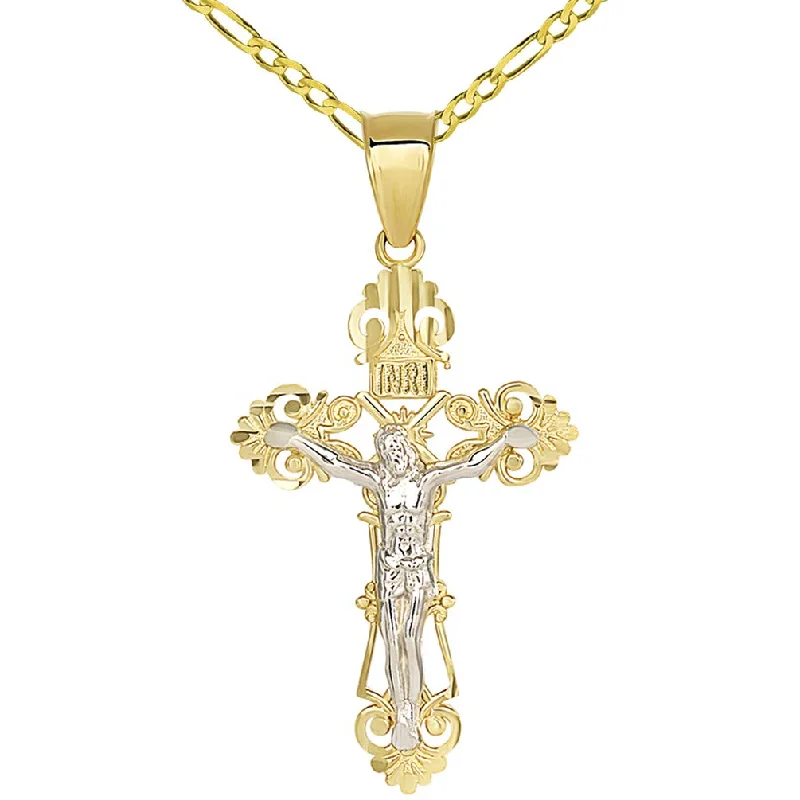 women unique necklaces -Solid 14K Two-Tone Gold Roman Catholic Cross Charm with Jesus INRI Crucifix Pendant with Figaro Necklace