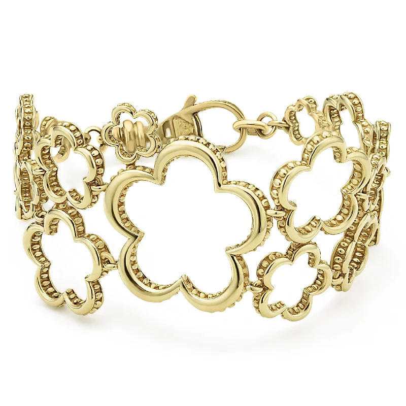 women stacking bracelets -Caviar Gold 18K Gold Floral Link Bracelet