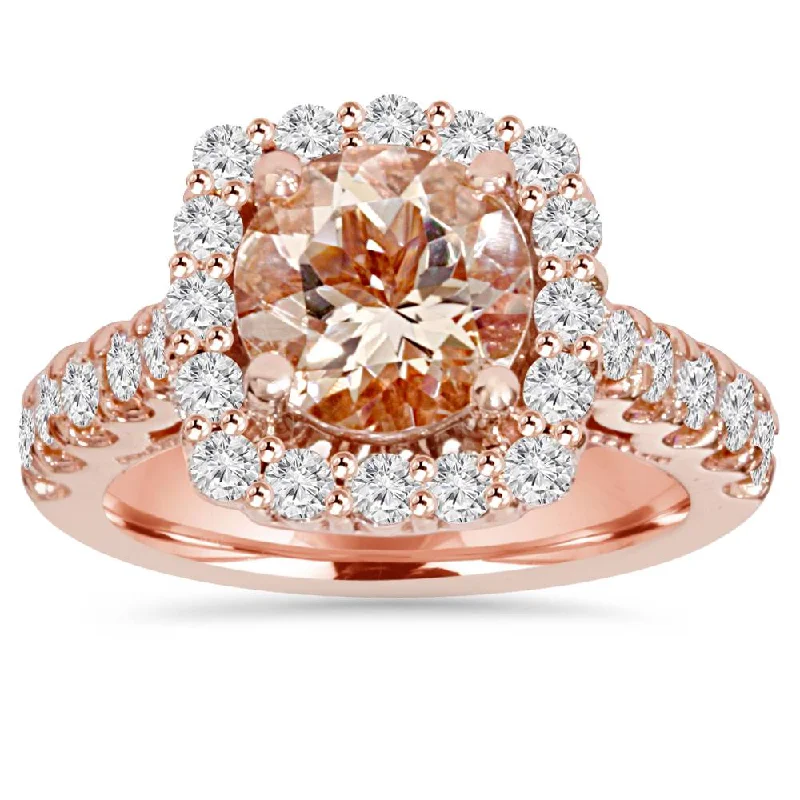 women engagement rings with matching bands -2 1/2CT Morganite & Diamond Cushion Halo Engagement Ring 14K Rose Gold