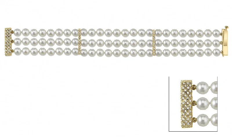 women stacking charm bracelets -Japanese Akoya Triple Pearl Bracelet with Diamonds