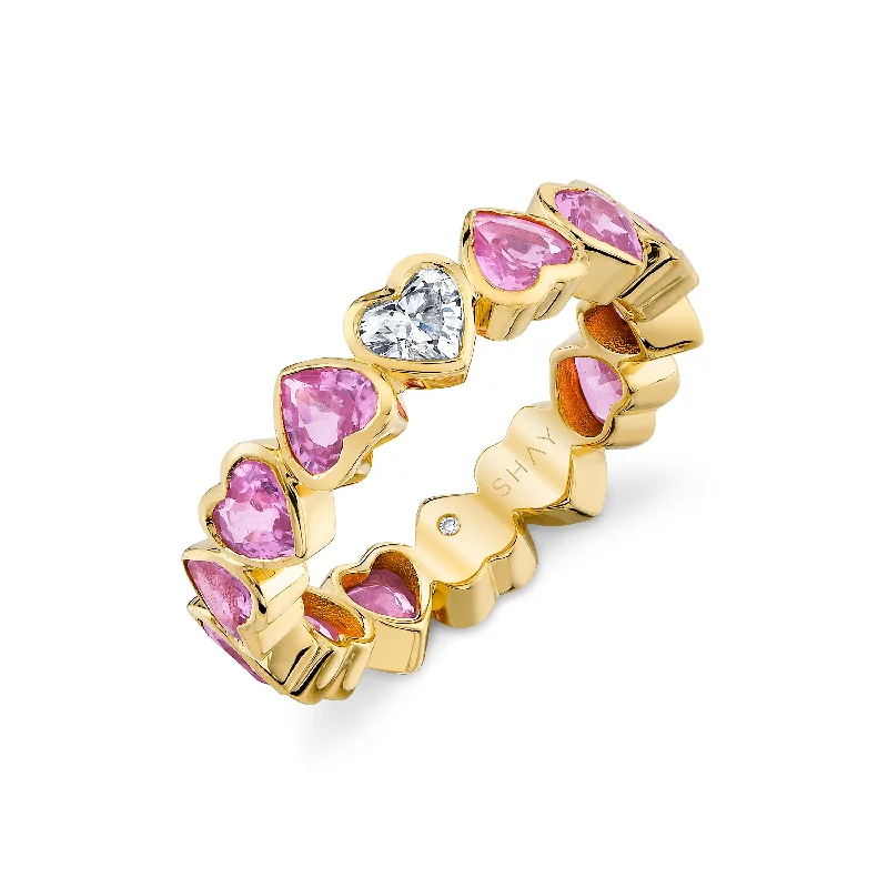 women modern rings -PINK SAPPHIRE & DIAMOND BEZEL HEART BAND