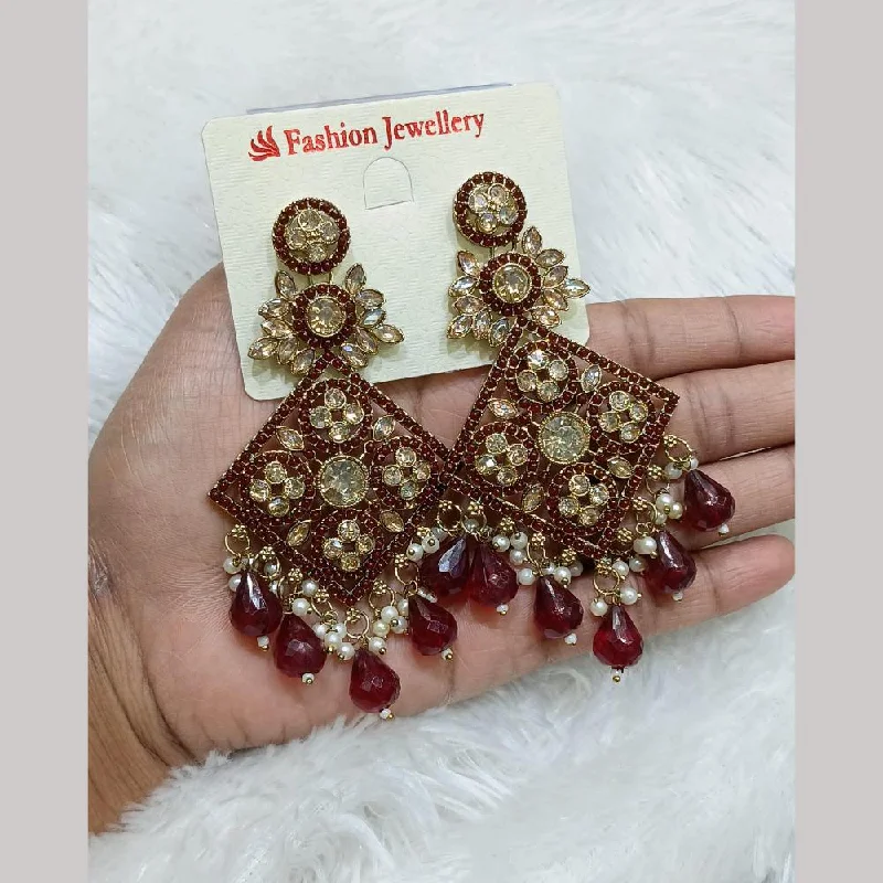 women trendy earrings -Lucentarts Jewellery Gold Plated Crystal Stone And Pearls Dangler Earrings