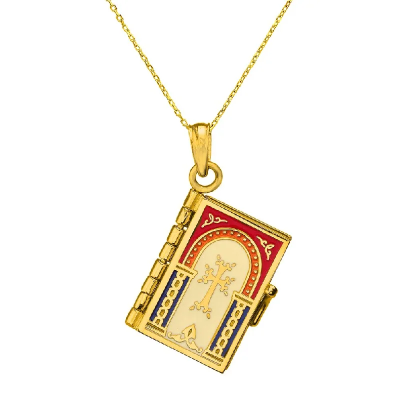 women gold necklaces -Jewelry America 14k Yellow Gold Armenian Bible Book Charm Holy Bible with Prayer Pendant Necklace