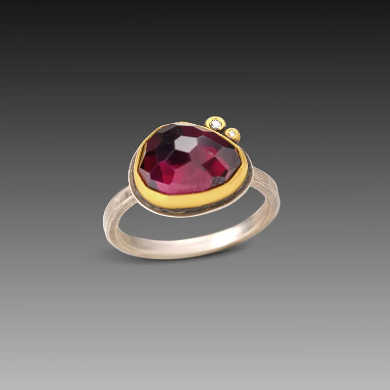 women platinum rings -Rose Cut Rhodolite Garnet Ring with Diamonds