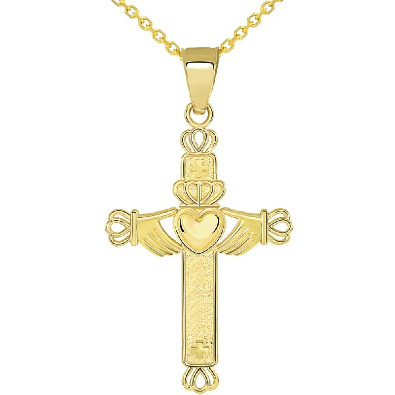 women ruby necklaces -Solid 14k Yellow Gold Irish Claddagh Religious Cross Pendant Necklace